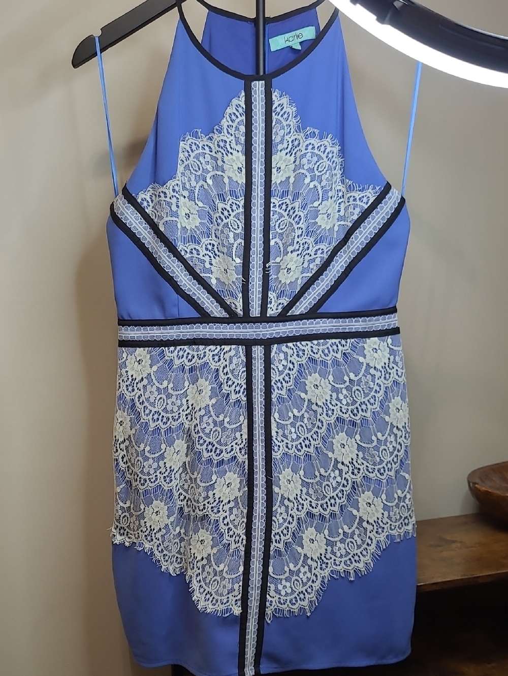 Karlie Blue Halter Dress with White Lace & Black Contrast Trim size Medium